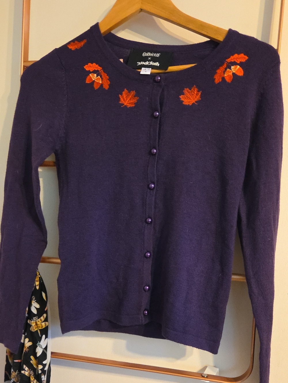 Collectif Deep Purple Cardigan with Orange Leaf Embroidery